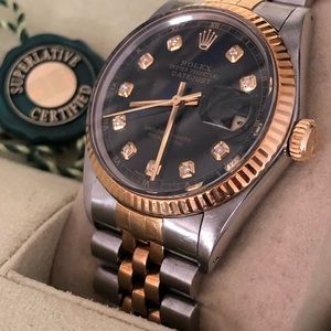 Rolex Men's Datejust Two Tone Fluted Custom Black Diamond Dial